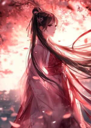 Anime Girl in Red Kimono: Elegant Asian Art Print - Premium Wooden Framed Poster. Ready to Hang.