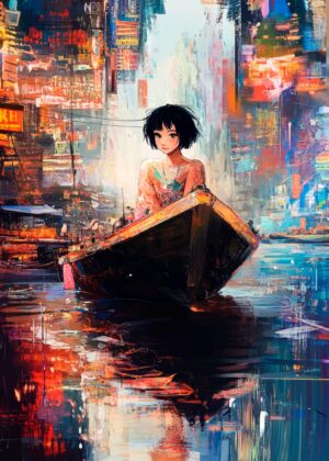 Anime Girl on a Boat in Vibrant Cityscape - Premium Wooden Framed Poster. Ready to Hang.