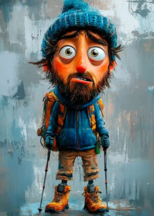 Worried Hiker Cartoon Art Print - Premium Wooden Framed Poster. Ready to Hang.