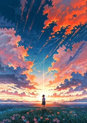 Anime Sunset Landscape: Girl in a Field of Flowers - Premium Wooden Framed Poster. Ready to Hang.