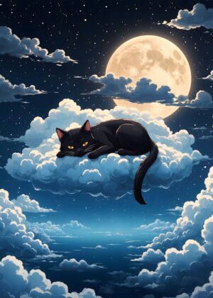Black Cat on a Cloud Under the Moon - Premium Wooden Framed Poster. Ready to Hang.