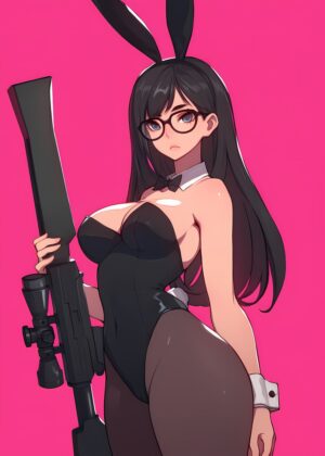 Anime Bunny Girl with Sniper Rifle: High-Quality Art Print - Premium Wooden Framed Poster. Ready to Hang.