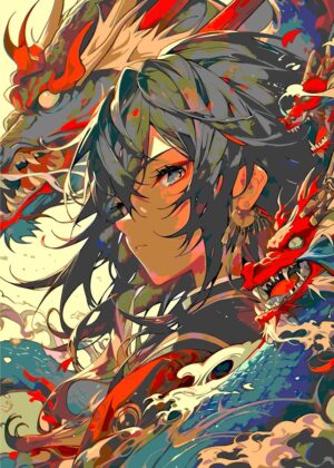 Fierce Anime Girl with Dragons - Premium Wooden Framed Poster. Ready to Hang.