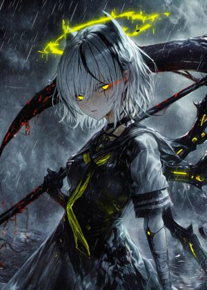 Anime Girl with Scythe in Rain - Premium Wooden Framed Poster. Ready to Hang.