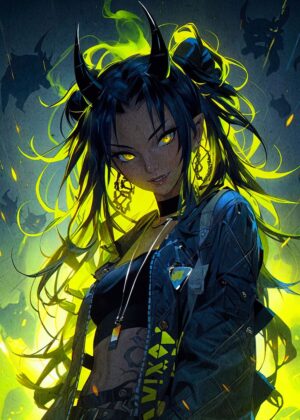 Cyberpunk Anime Girl with Neon Hair - Premium Wooden Framed Poster. Ready to Hang.