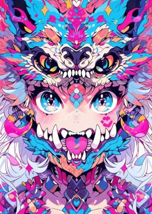 Vibrant Anime Girl Wolf Mask Artwork - Premium Wooden Framed Poster. Ready to Hang.