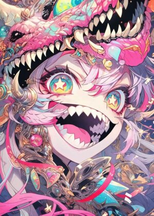 Anime Girl with Dragon Mask: Vibrant Fantasy Art - Premium Wooden Framed Poster. Ready to Hang.