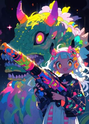 Vibrant Anime Girl and Dragon Artwork - Premium Wooden Framed Poster. Ready to Hang.