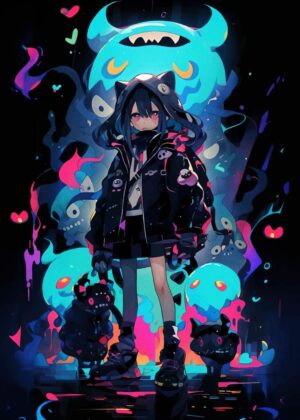 Anime Girl and Glowing Creatures: Neon Dreams - Premium Wooden Framed Poster. Ready to Hang.