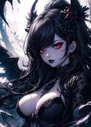 Dark Angel Anime Girl: Gothic Fantasy Art Print - Premium Wooden Framed Poster. Ready to Hang.