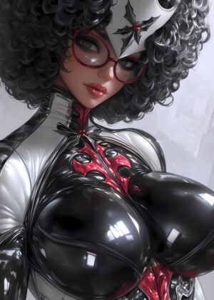 Anime Woman in Red and Black Suit: A Striking Digital Art Print - Premium Wooden Framed Poster. Ready to Hang.