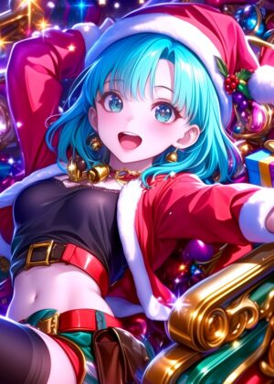 Anime Christmas Girl: Festive Digital Art Print - Premium Wooden Framed Poster. Ready to Hang.