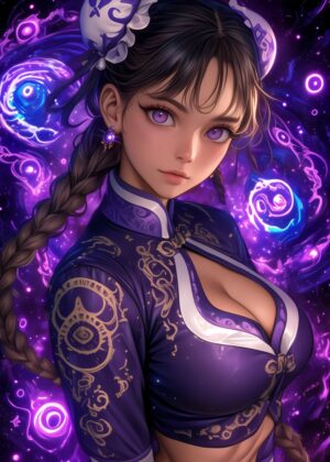Purple-Eyed Anime Girl: Mystical Beauty - Premium Wooden Framed Poster. Ready to Hang.