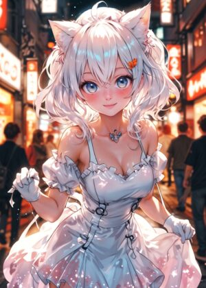 Enchanting Night Catgirl in the City - Premium Wooden Framed Poster. Ready to Hang.