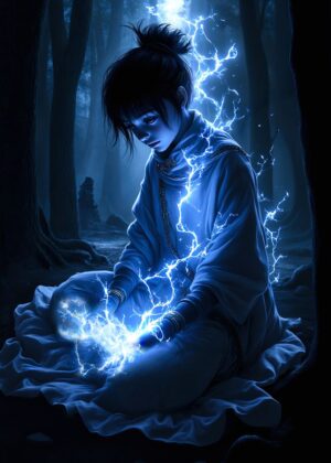 Electric Sorceress: A Mystical Digital Painting - Premium Wooden Framed Poster. Ready to Hang.