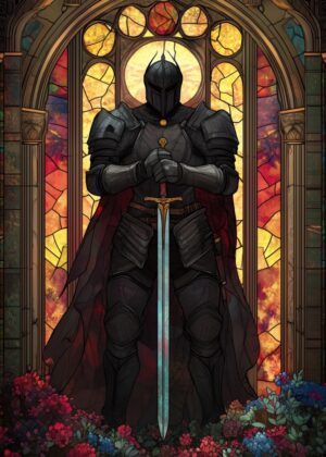 Stained Glass Knight: A Majestic Fantasy Artwork - Premium Wooden Framed Poster. Ready to Hang.