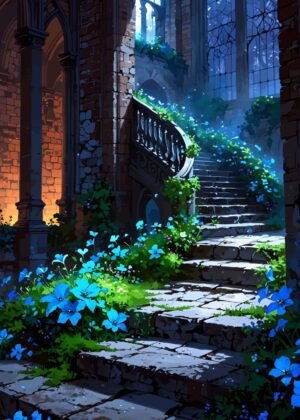 Enchanted Stone Staircase Garden Art Print - Premium Wooden Framed Poster. Ready to Hang.