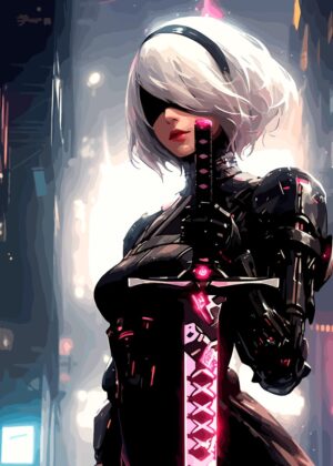 2B Cyberpunk Anime Art Print - Premium Wooden Framed Poster. Ready to Hang.