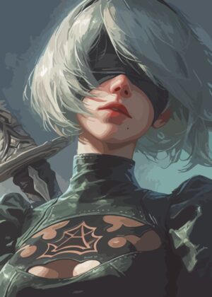 2B Nier Automata: Stunning Digital Art Print - Premium Wooden Framed Poster. Ready to Hang.