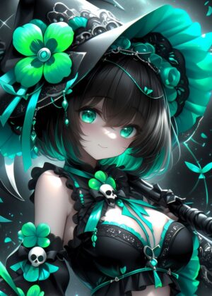 Anime Witch with Emerald Eyes: Dark Fantasy Art Print - Premium Wooden Framed Poster. Ready to Hang.