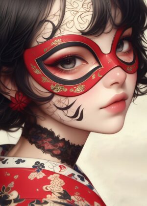 Anime Girl with Red Mask: Elegant and Mysterious - Premium Wooden Framed Poster. Ready to Hang.