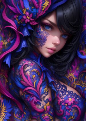 Floral Fantasy Anime Girl Portrait: A Dreamlike Masterpiece - Premium Wooden Framed Poster. Ready to Hang.