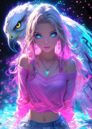 Anime Girl and Eagle: A Mystical Encounter - Premium Wooden Framed Poster. Ready to Hang.