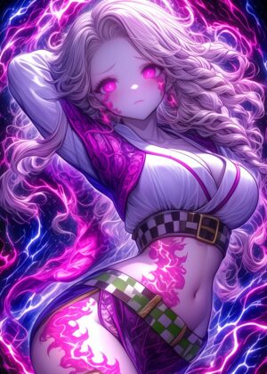 Anime Girl Embracing Pink Energy - Premium Wooden Framed Poster. Ready to Hang.