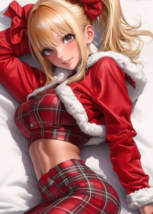 Anime Girl in Festive Red Plaid - Premium Wooden Framed Poster. Ready to Hang.