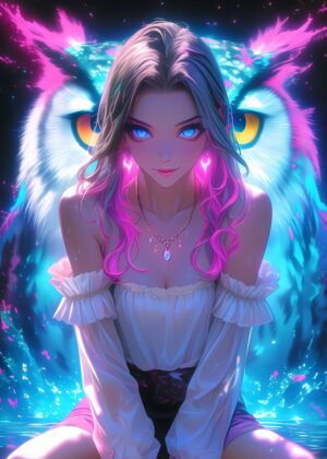 Anime Girl and Owl: Mystical Fantasy Art Print - Premium Wooden Framed Poster. Ready to Hang.