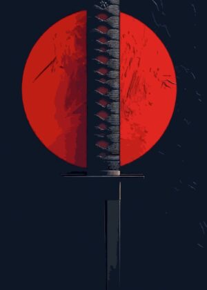 Samurai Sword: Crimson Sun Art Print - Premium Wooden Framed Poster. Ready to Hang.