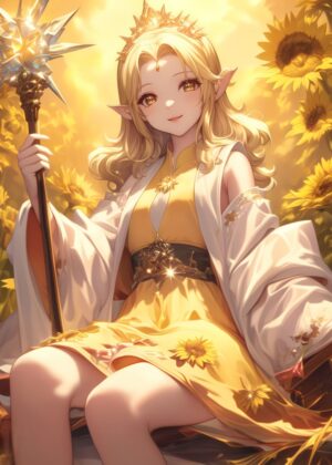 Sunlit Sunflower Anime Girl Art Print - Premium Wooden Framed Poster. Ready to Hang.