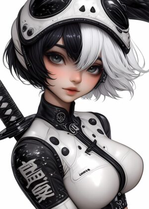 Anime Girl with Katana: Striking Cyberpunk Art Print - Premium Wooden Framed Poster. Ready to Hang.