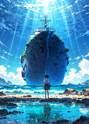 Sunken Ship and Girl: A Stunning Anime Art Print - Premium Wooden Framed Poster. Ready to Hang.