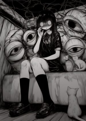 Girl Surrounded by Eyes: A Dark and Mysterious Artwork - Premium Wooden Framed Poster. Ready to Hang.