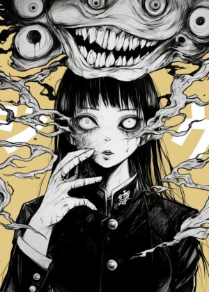 Horrific Anime Girl: A Dark Fantasy Illustration - Premium Wooden Framed Poster. Ready to Hang.