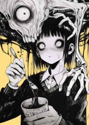 Horror Anime Girl and Monster Artwork Print - Premium Wooden Framed Poster. Ready to Hang.