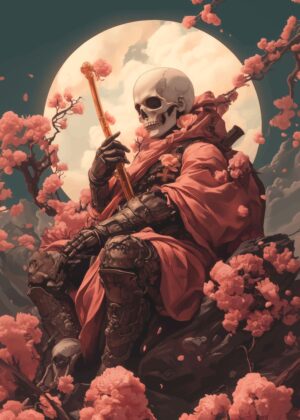 Skeleton Warrior in Cherry Blossom - Premium Wooden Framed Poster. Ready to Hang.