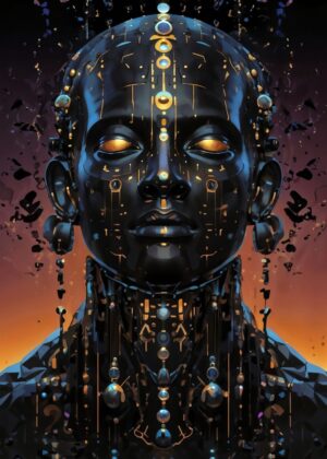 Cybernetic African Queen: A Digital Art Print - Premium Wooden Framed Poster. Ready to Hang.