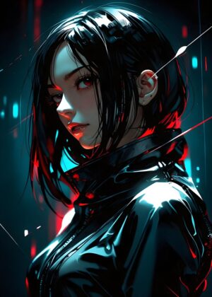 Cyberpunk Anime Girl: Digital Art Print - Premium Wooden Framed Poster. Ready to Hang.