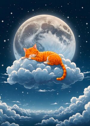 Anime Cat Sleeping on a Cloud Under the Moon - Premium Wooden Framed Poster. Ready to Hang.