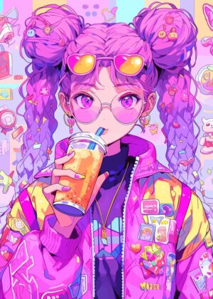 Vibrant Anime Girl with Pink Hair and Trendy Style - Premium Wooden Framed Poster. Ready to Hang.