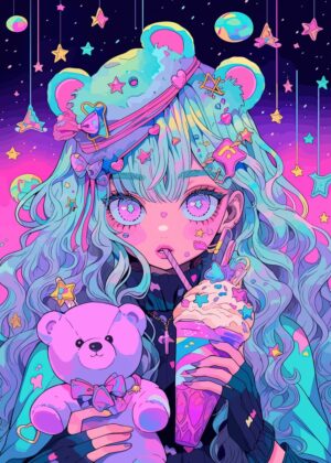 Kawaii Anime Girl with Pastel Teddy Bear: Magical Dreams - Premium Wooden Framed Poster. Ready to Hang.