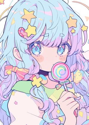 Pastel Anime Girl with Lollipop: Sweet Dreams Artwork - Premium Wooden Framed Poster. Ready to Hang.