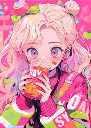 Adorable Anime Girl Enjoying a Refreshing Drink - Premium Wooden Framed Poster. Ready to Hang.