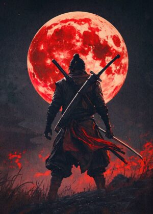 Samurai Blood Moon: A Night of Shadows and Crimson - Premium Wooden Framed Poster. Ready to Hang.