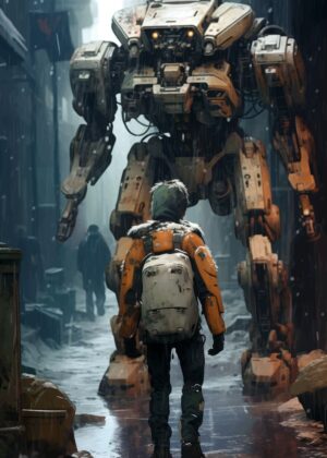 Giant Robot in Rainy Cityscape - Premium Wooden Framed Poster. Ready to Hang.