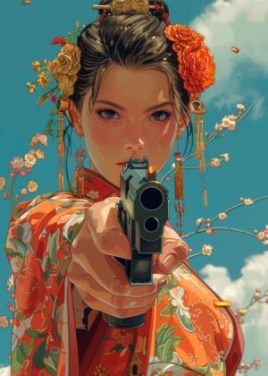 Geisha with Gun: A Striking Digital Art Print - Premium Wooden Framed Poster. Ready to Hang.