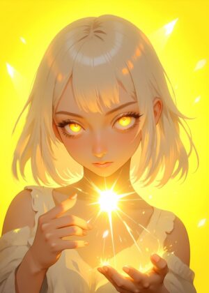 First Spark: A Radiant Anime Girl Art Print - Premium Wooden Framed Poster. Ready to Hang.