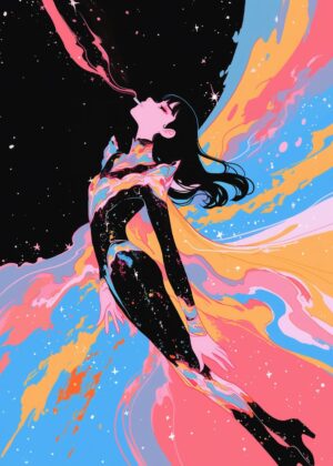 Space Girl Pt. 2: A Cosmic Dream in Vibrant Hues - Premium Wooden Framed Poster. Ready to Hang.